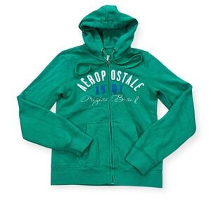 Y2K Aeropostale Hoodie Women's Medium Green Fleece Zip Up Embroidered Skater